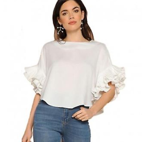 3 for $20 LOVESONG Accordion Sleeve Top White Curved Crop Hem Statement Blouse M - Picture 1 of 16